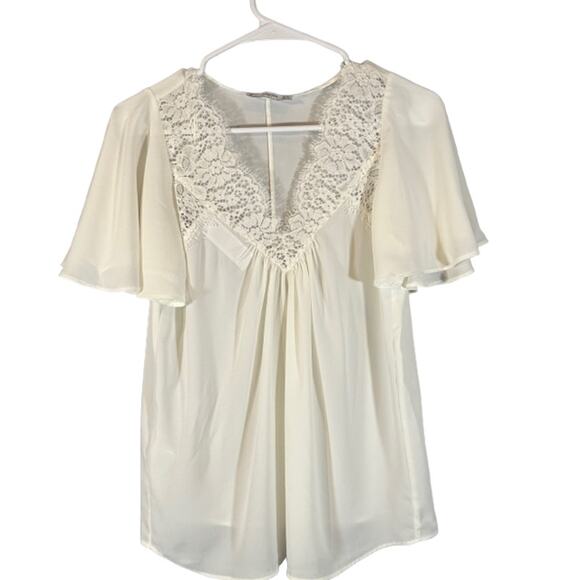 Mango White Lace Applique Flutter Short Sleeve V-Neck Blouse Women Sz 2 - Picture 1 of 8